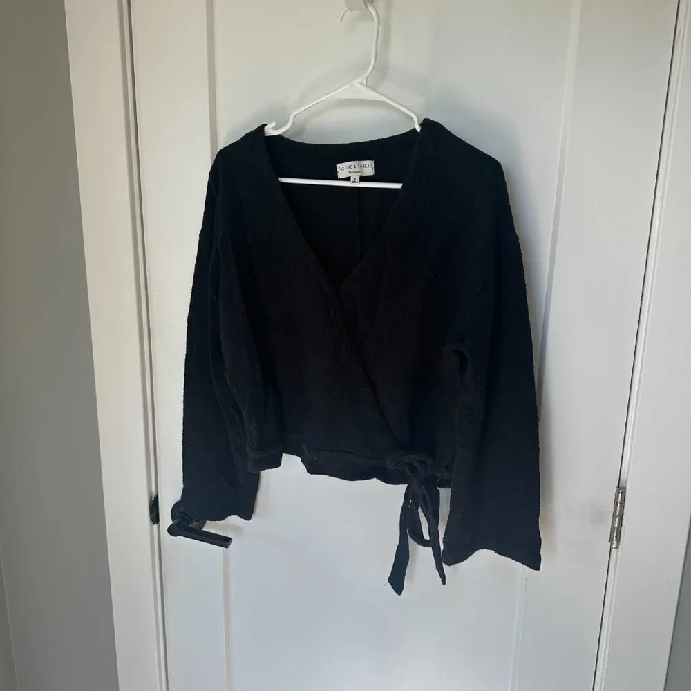 Madewell Texture & Thread Womens Wrap Top Long Sleeve Black Medium - Picture 2 of 5